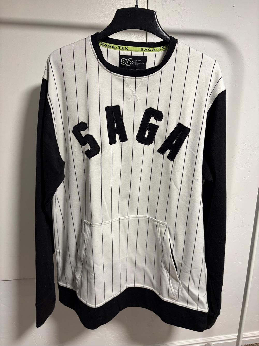 SAGA Outwear Baseball Style Black & White Pinstripe Pullover Sweatshirt